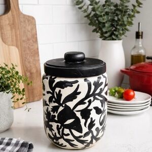 Unique Versatile Black and White Floral Ceramic Jar